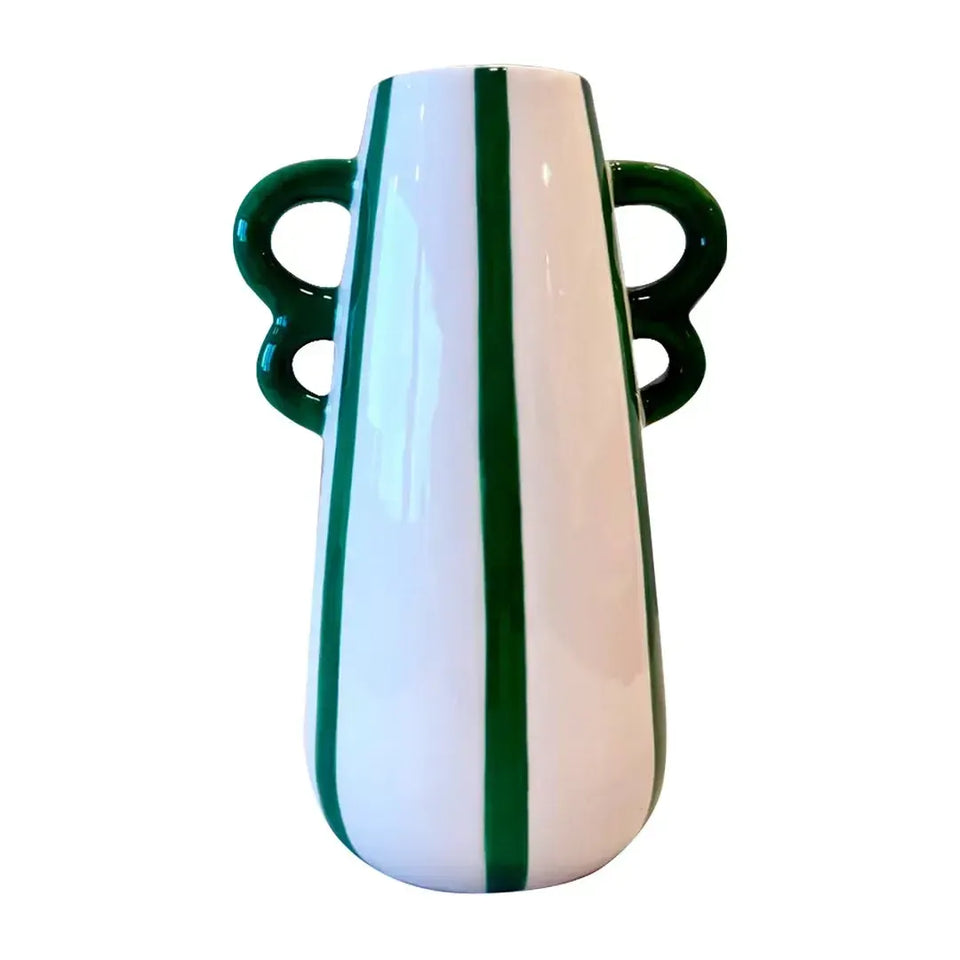 Vaso Cerâmica Alças Branco com Listras Verde Cerâmica 21,2x10x14cm Tuut