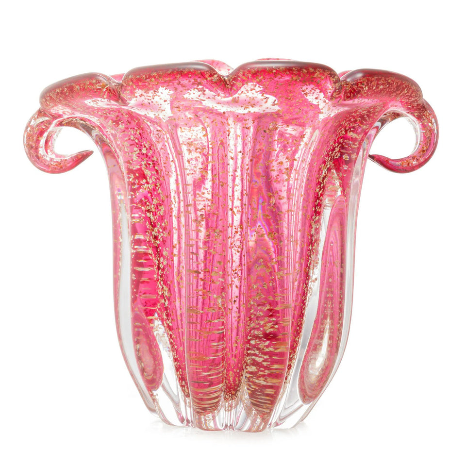 Vaso de Vidro Italy Murano Rosa e Dourado 13x11x10cm