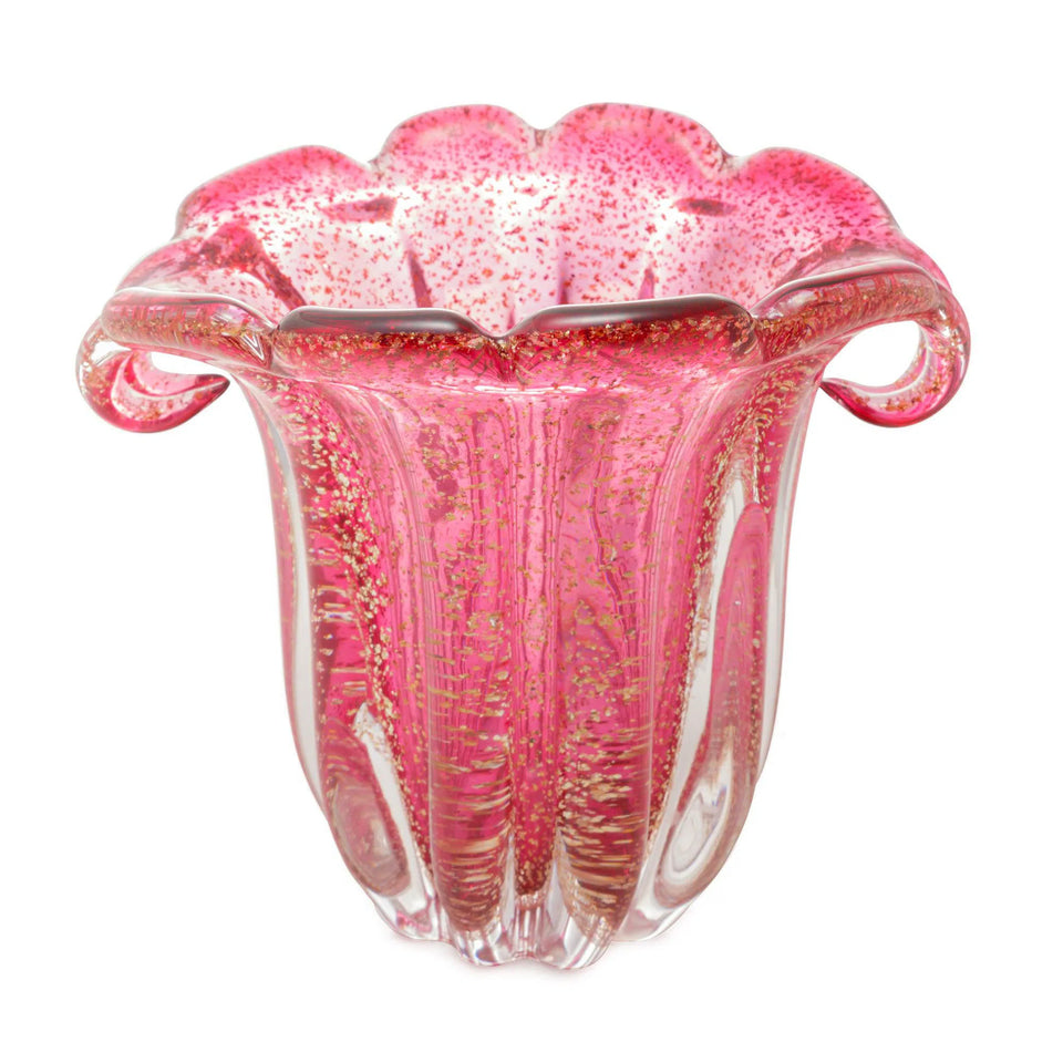 Vaso de Vidro Italy Murano Rosa e Dourado 15x12x12,5cm