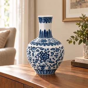 Vaso Cerâmica Floral Gargalo Longo Azul / Branco 22x14cm Home&Co