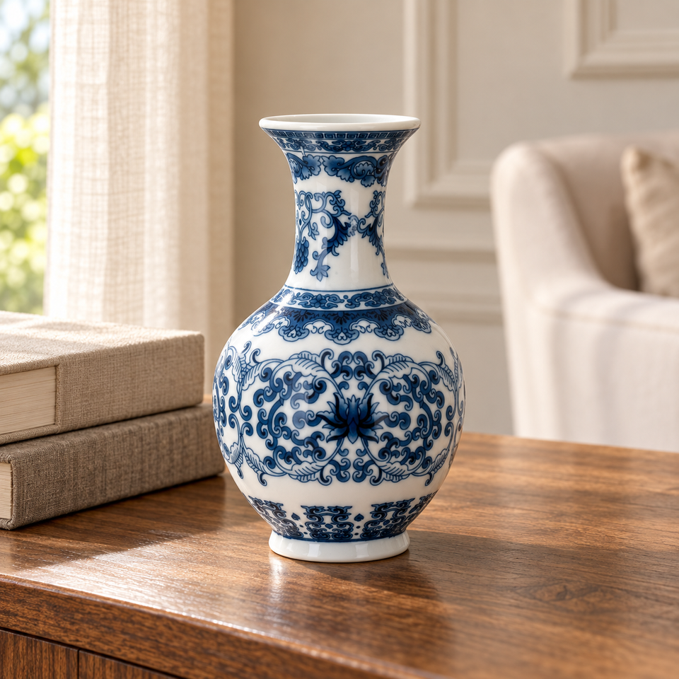 Vaso Cerâmica Arabescos Gargalo Longo Azul / Branco 14x8cm Home&Co
