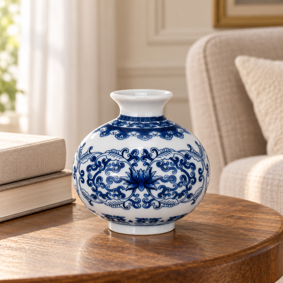 Vaso Cerâmica Arabescos Esférico Azul / Branco 9x9cm Home&Co