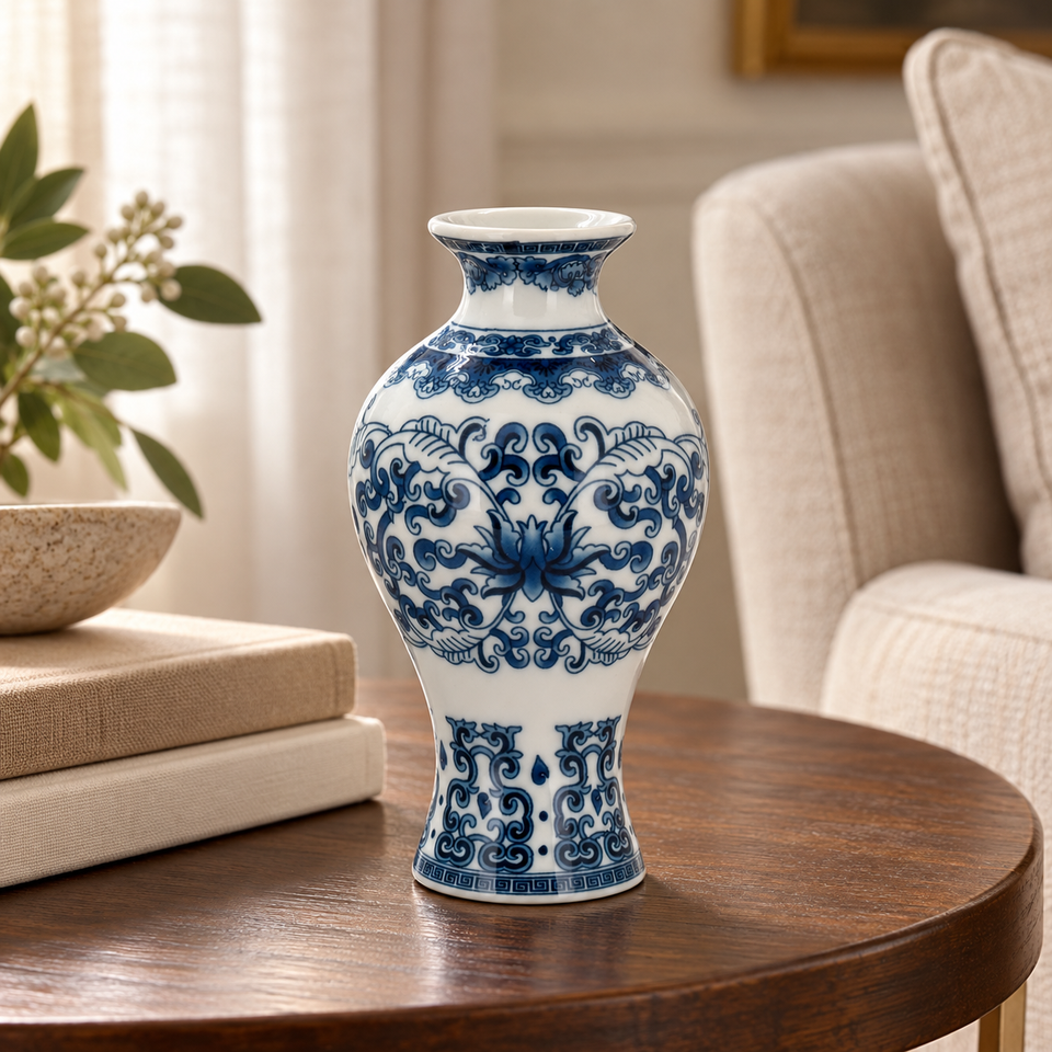 Vaso Cerâmica Arabescos Gargalo Curto Azul / Branco 14x8cm Home&Co