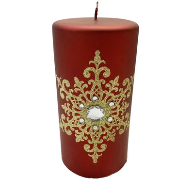 Vela Decorativa Natal Parafina Floco de Neve Vermelha / Dourado 7,3x7,3x14,3cm