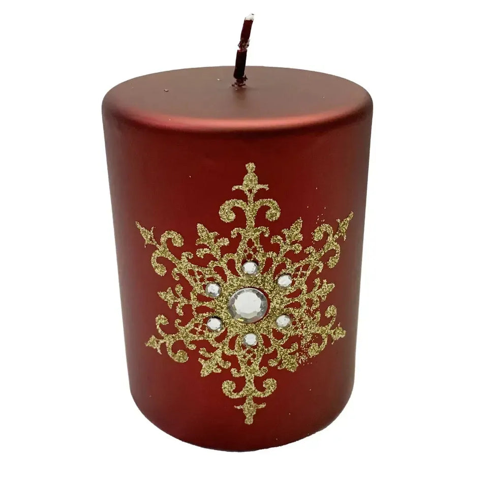 Vela Decorativa Natal Parafina Floco de Neve Vermelha / Dourado 7,3x7,3x9,4cm