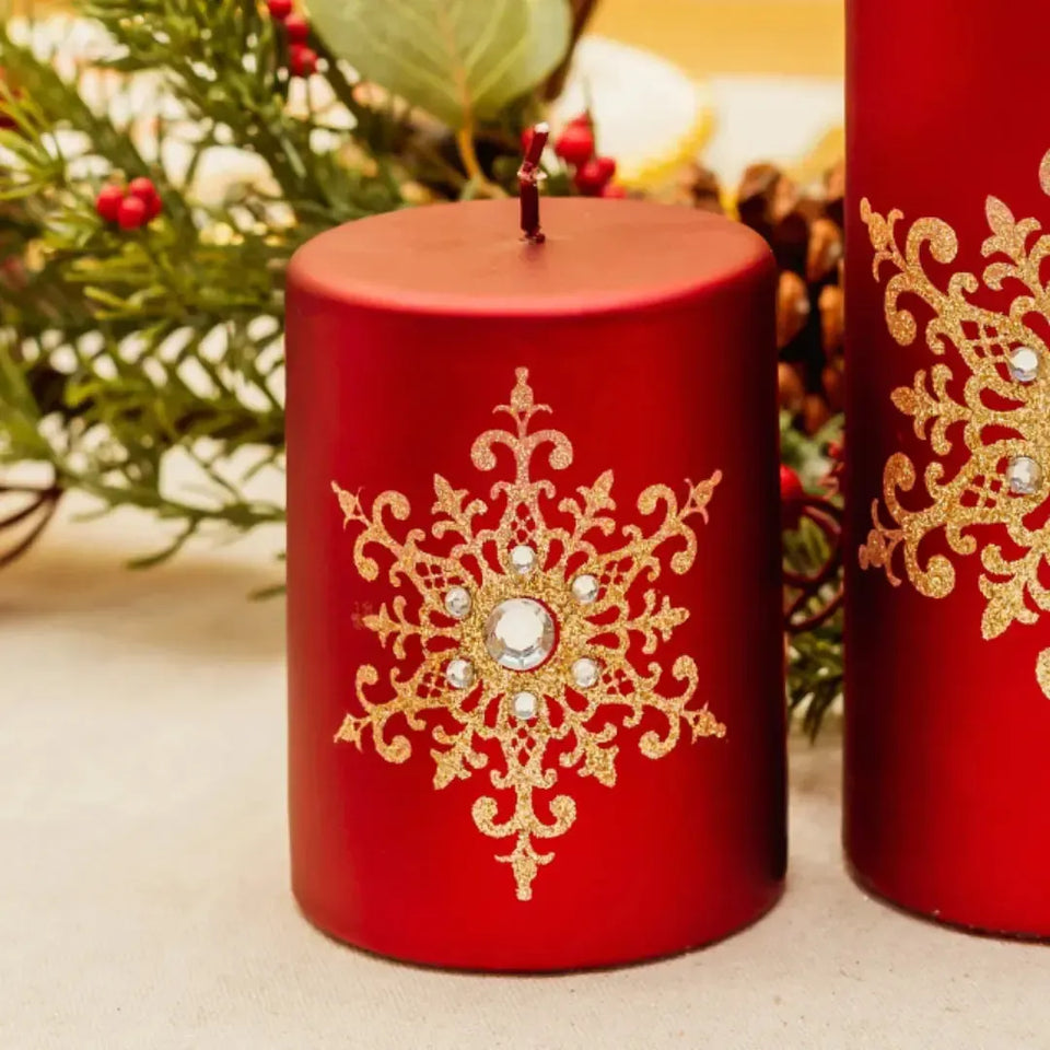 Vela Decorativa Natal Parafina Floco de Neve Vermelha / Dourado 7,3x7,3x9,4cm