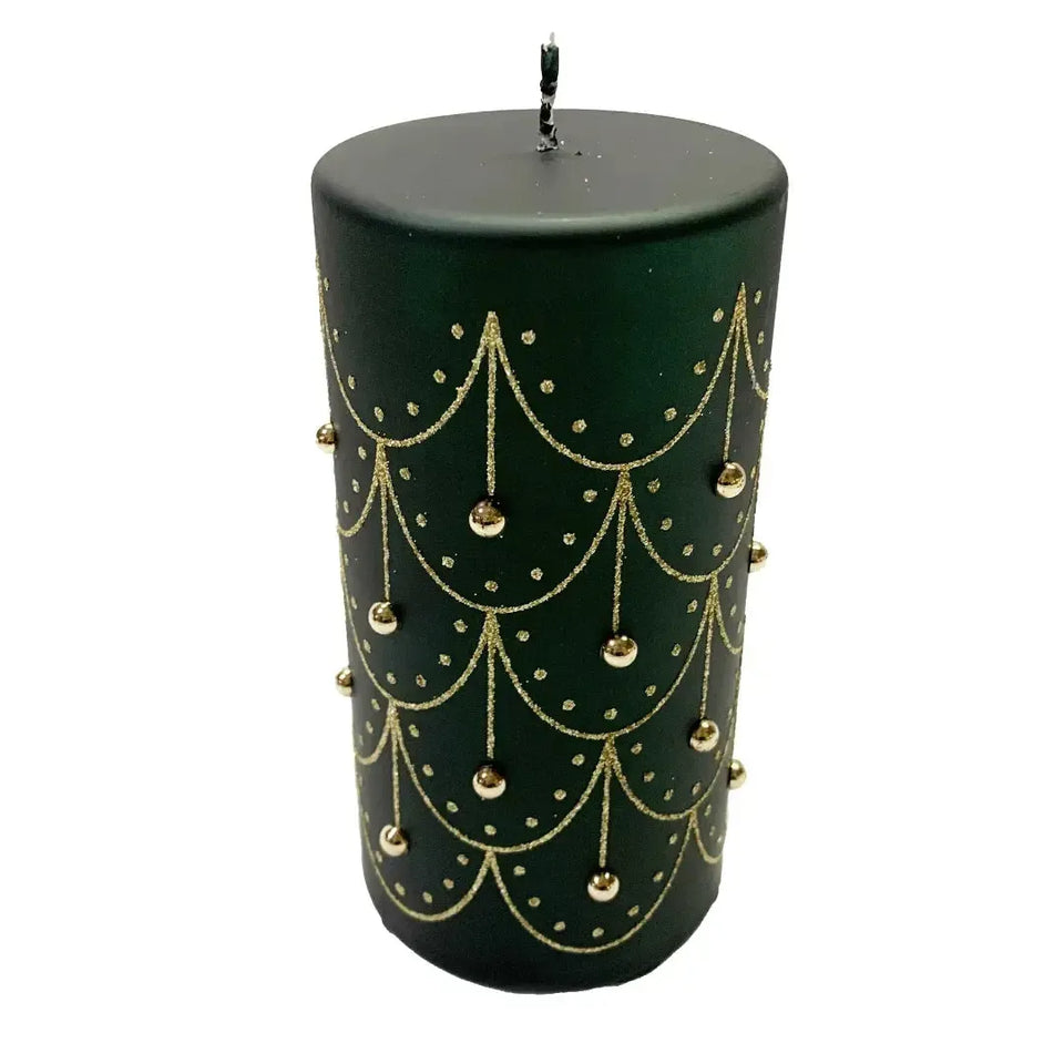 Vela Decorativa Natal Parafina Pérola Verde / Dourado 7,3x7,3x14,3cm