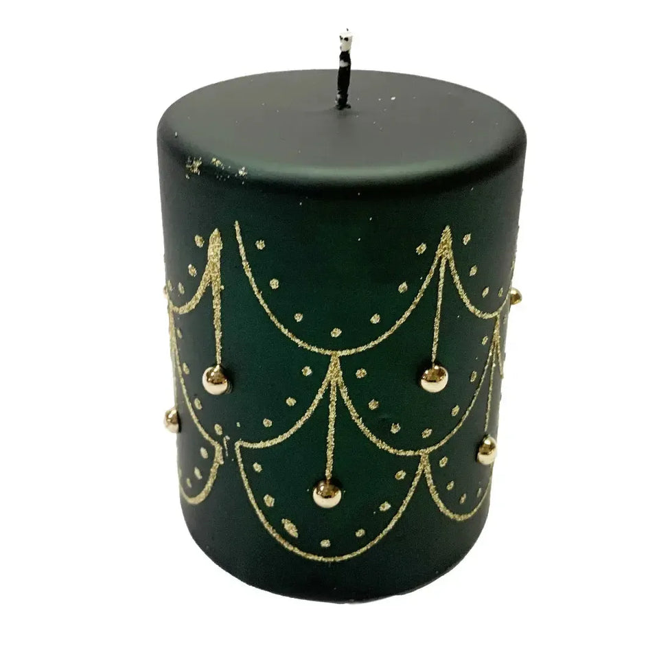 Vela Decorativa Natal Parafina Pérola Verde / Dourado 7,3x7,3x9,4cm