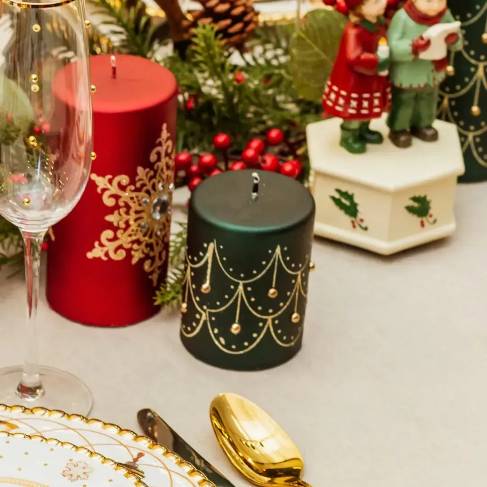 Vela Decorativa Natal Parafina Pérola Verde / Dourado 7,3x7,3x9,4cm