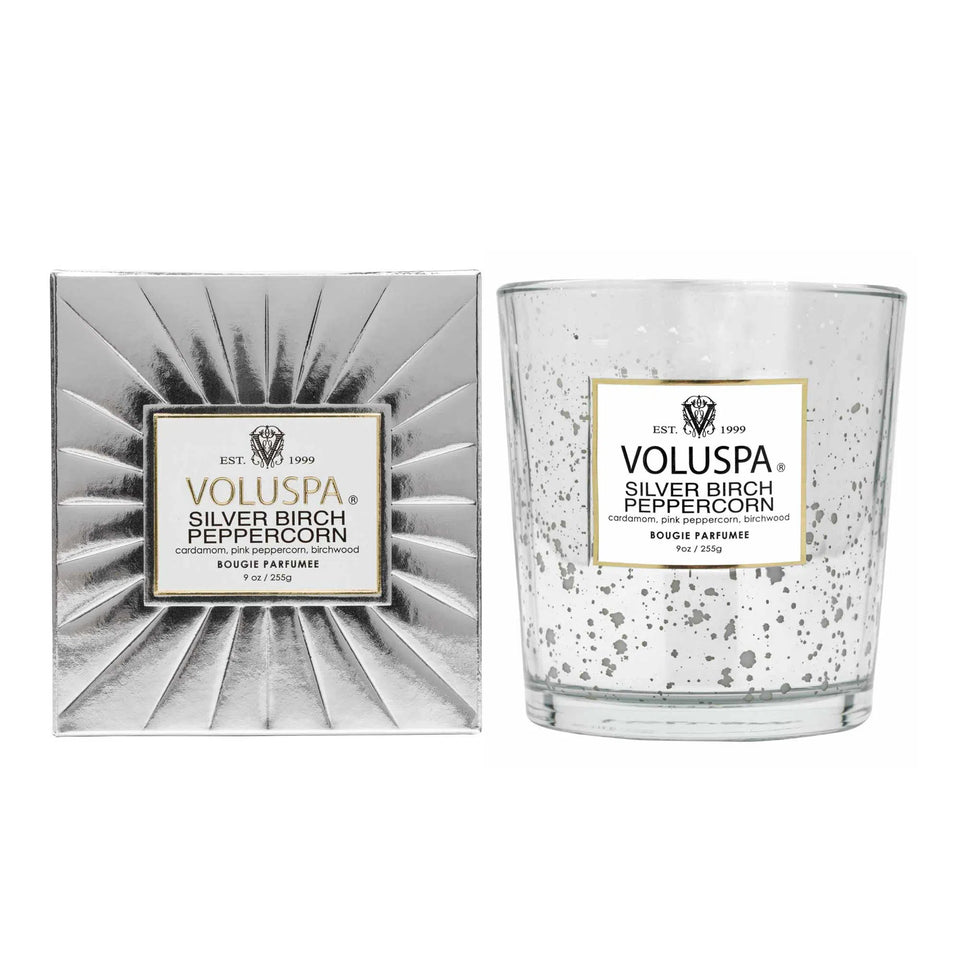 Vela Voluspa Copo de Vidro Clássico Silver Birch Peppercorn 60 Horas