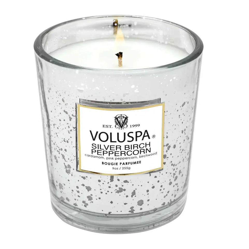 Vela Voluspa Copo de Vidro Clássico Silver Birch Peppercorn 60 Horas