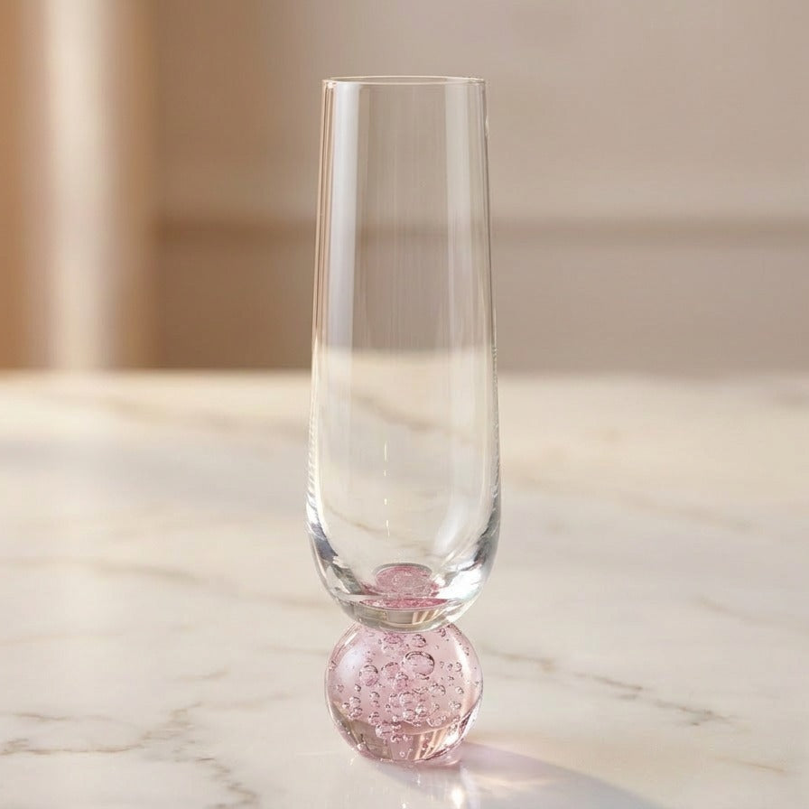 Conjunto Taças Champagne e Água Vidro Transparente Esfera Rosa Bubble (12 peças)