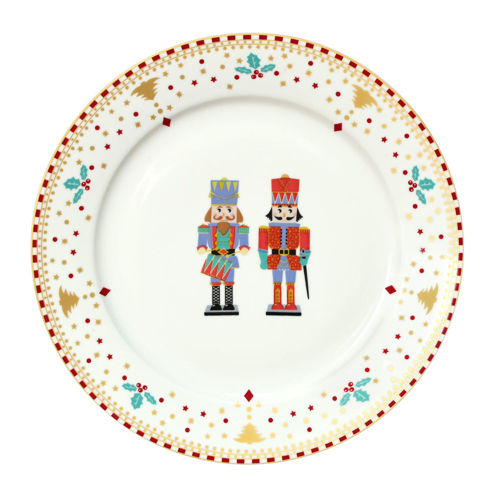 Conjunto 6 Pratos Raso Cerâmica Quebra Nozes Natal Azul e Vermelho 26,5cm