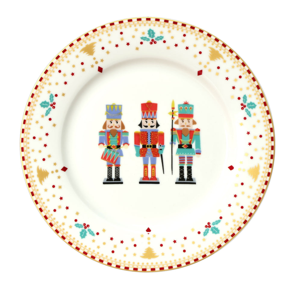 Conjunto 6 Pratos Sobremesa Cerâmica Quebra Nozes Natal Azul e Vermelho 19cm
