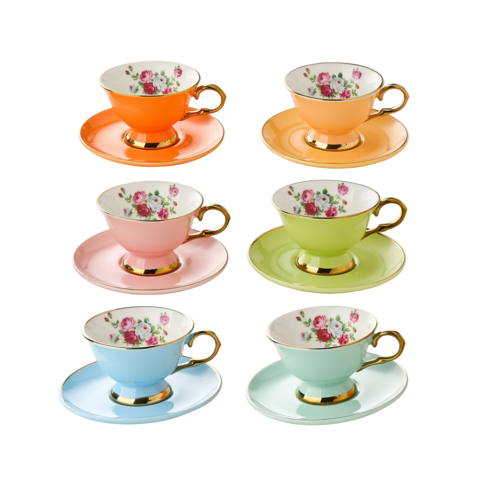 Jogo de 6 Xícaras de Chá Chromesse Colorido New Bone China Filado Dourado 200ml