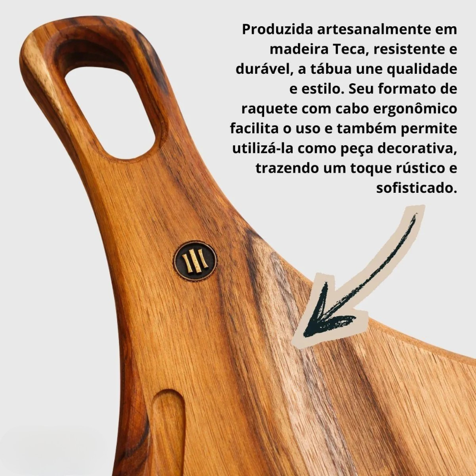 Tábua Corte Raquete Churrasco Cozinha Teca Artesanal Carve & Co