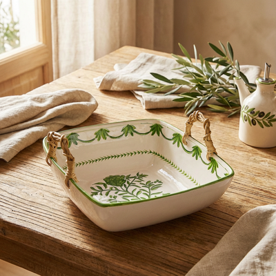 Travessa Moderna Quadrada Funda Cerâmica com Alça em Junco Alcachofra Provençal