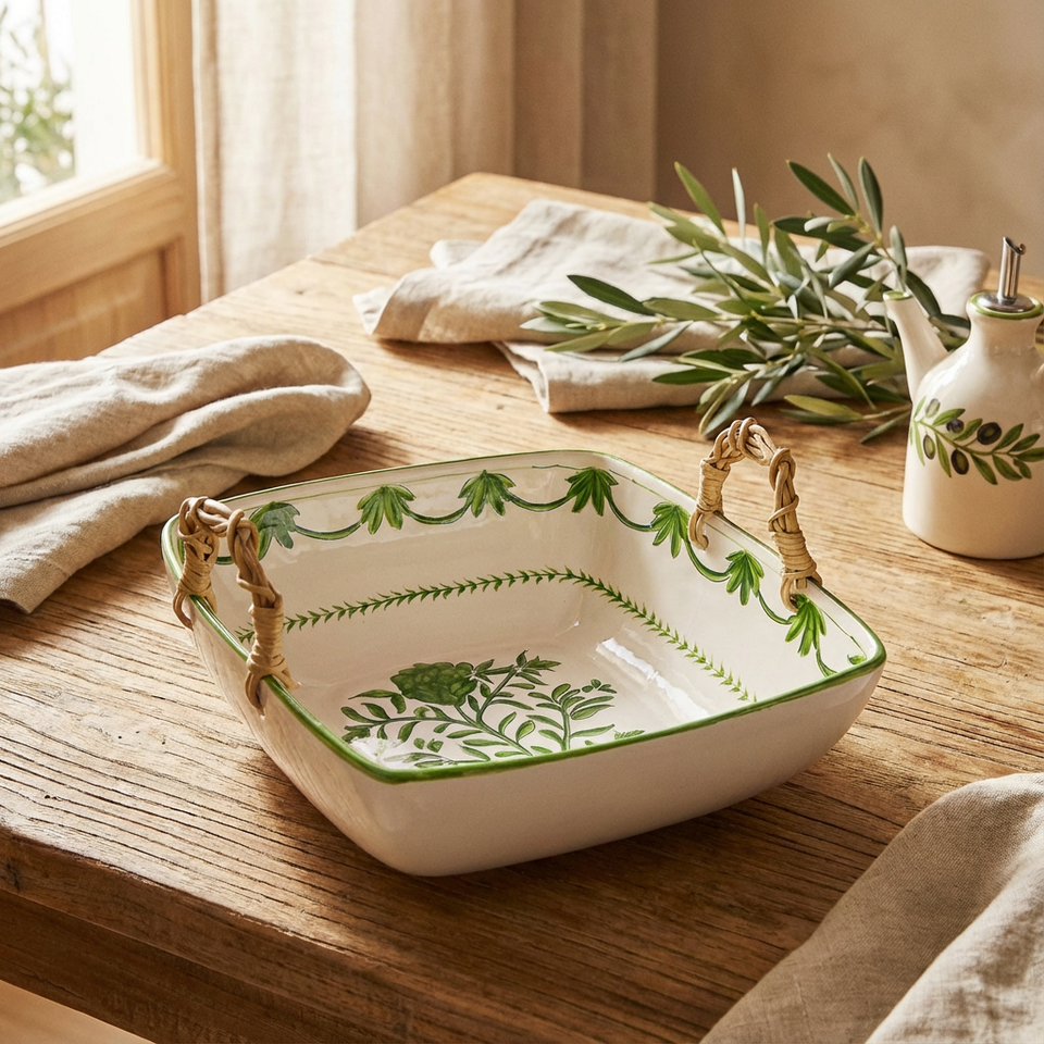 Travessa Moderna Quadrada Funda Cerâmica com Alça em Junco Alcachofra Provençal