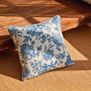 Almofada Linho 52X52 Estampa Floral Azul Com Cordão