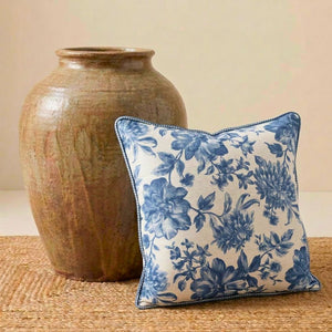 Almofada Linho 52X52 Estampa Floral Azul Com Cordão