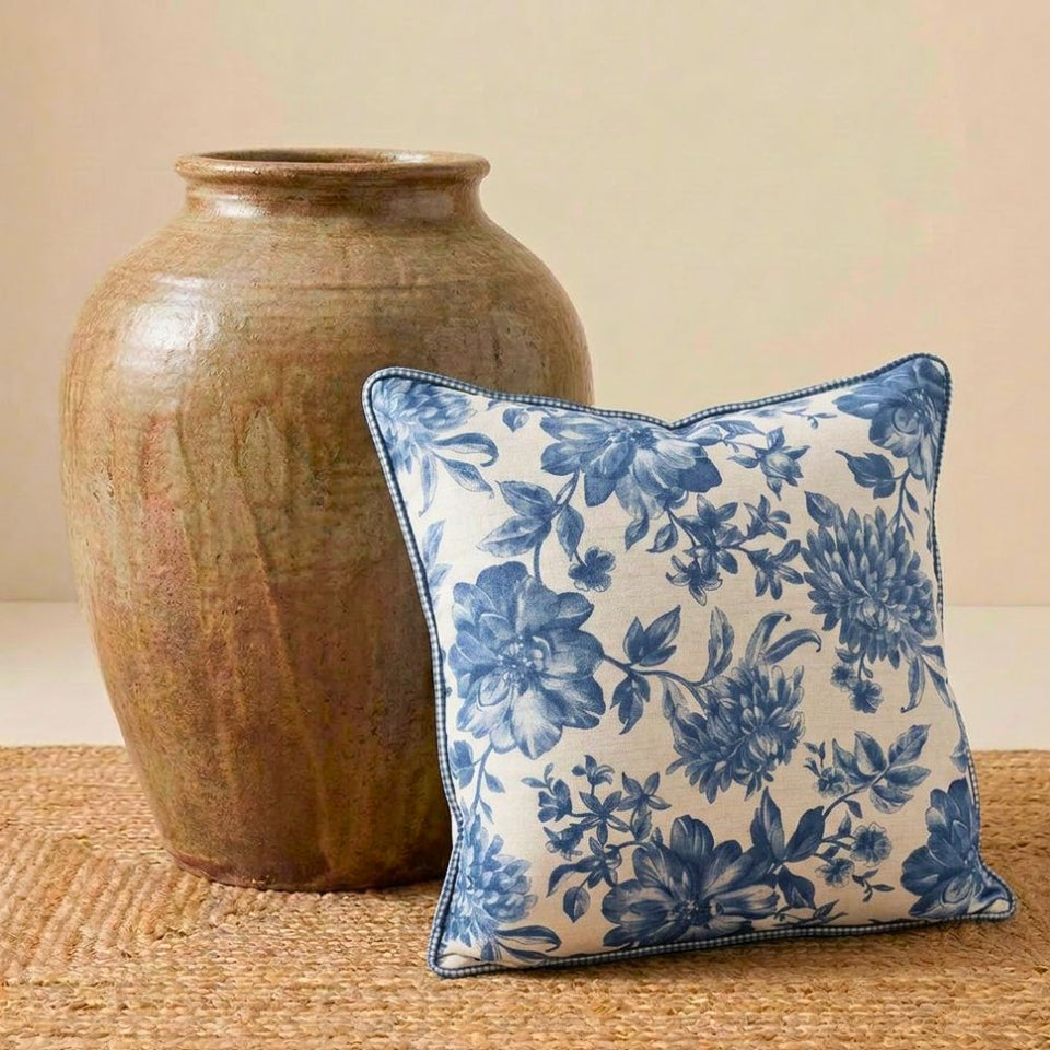 Almofada Linho 52X52 Estampa Floral Azul Com Cordão