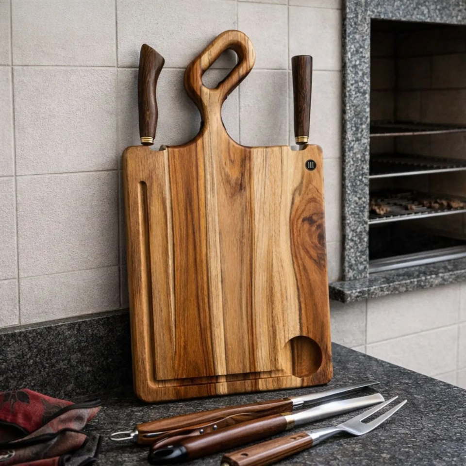 Tabua Churrasco Faca Garfo Embutida Teca Artesanal Carve & Co