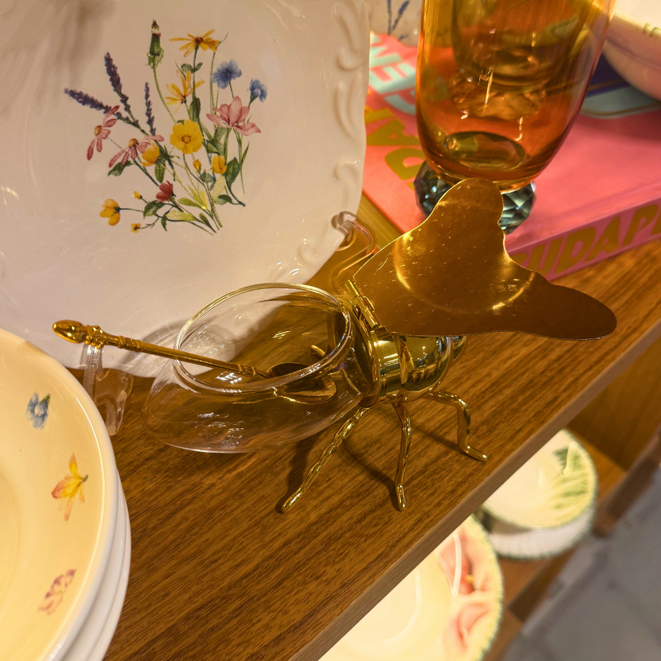 Açucareiro Meleira Abelha Vidro e Metal Dourada