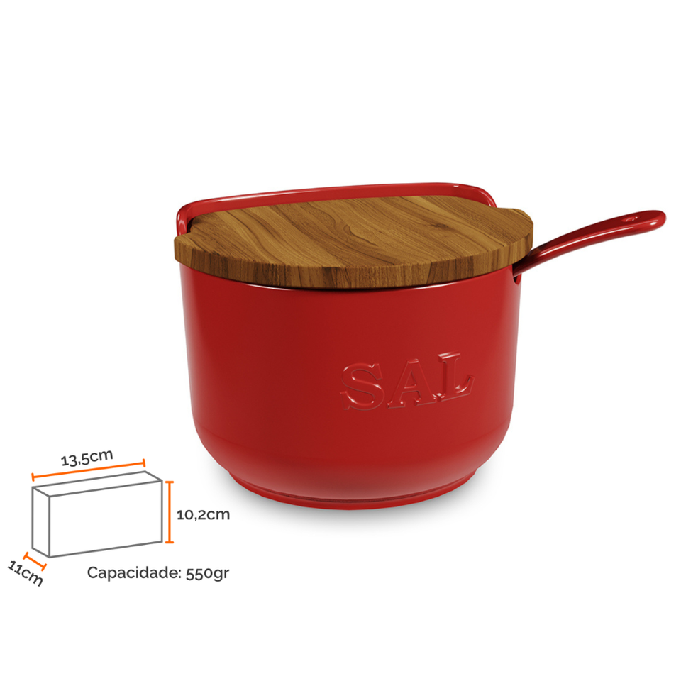 PRÉ-VENDA: Saleiro com Colher e Tampa em Madeira 500g Vermelho