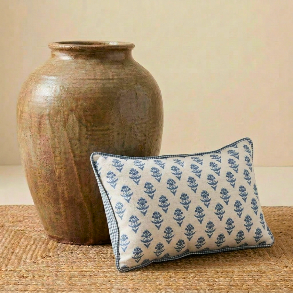 Almofada Linho 35X58 Estampa Dupla Face Azul Com Cordão