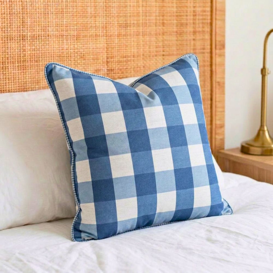 Almofada Linho 52X52 Estampa Xadrez Grande Azul Com Cordão