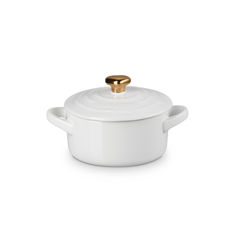 Mini Cocotte Cerâmica Branco com Pegador Coração Dourado Le Creuset