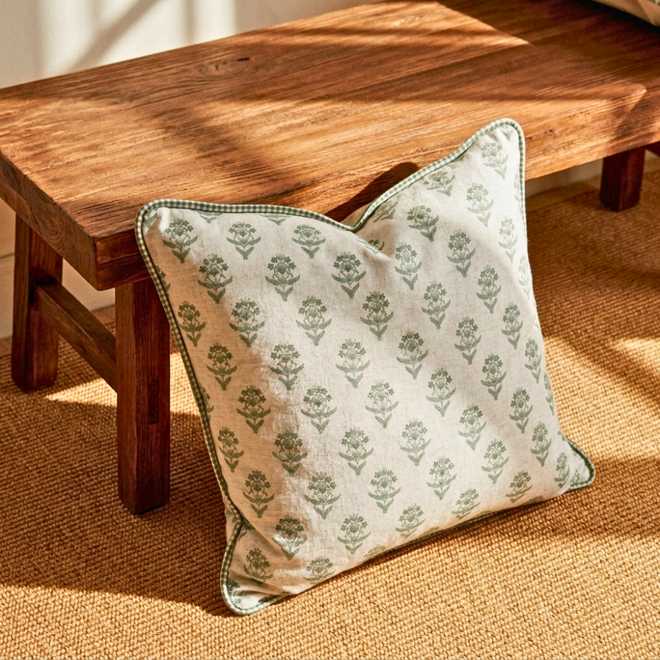 Almofada Linho 52X52 Estampa Botânico Verde Com Cordão