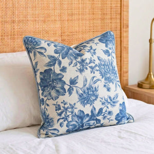 Almofada Linho 52X52 Estampa Floral Azul Com Cordão