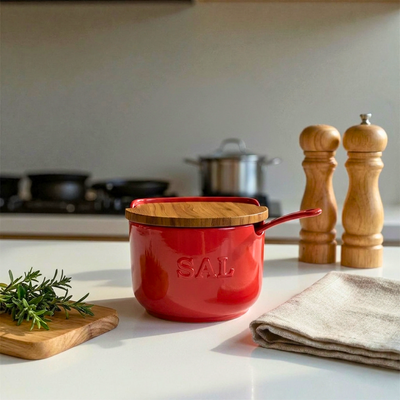 PRÉ-VENDA: Saleiro com Colher e Tampa em Madeira 500g Vermelho