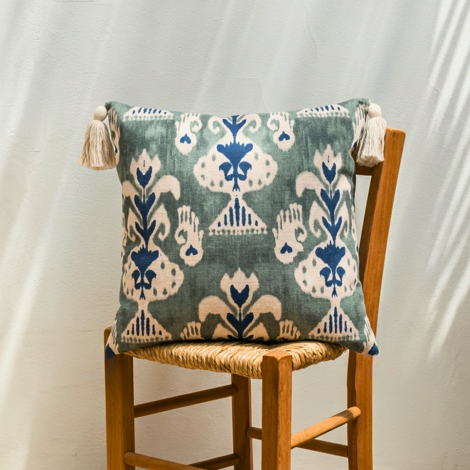Almofada Linho 52X52 Ikat Verde Tassel