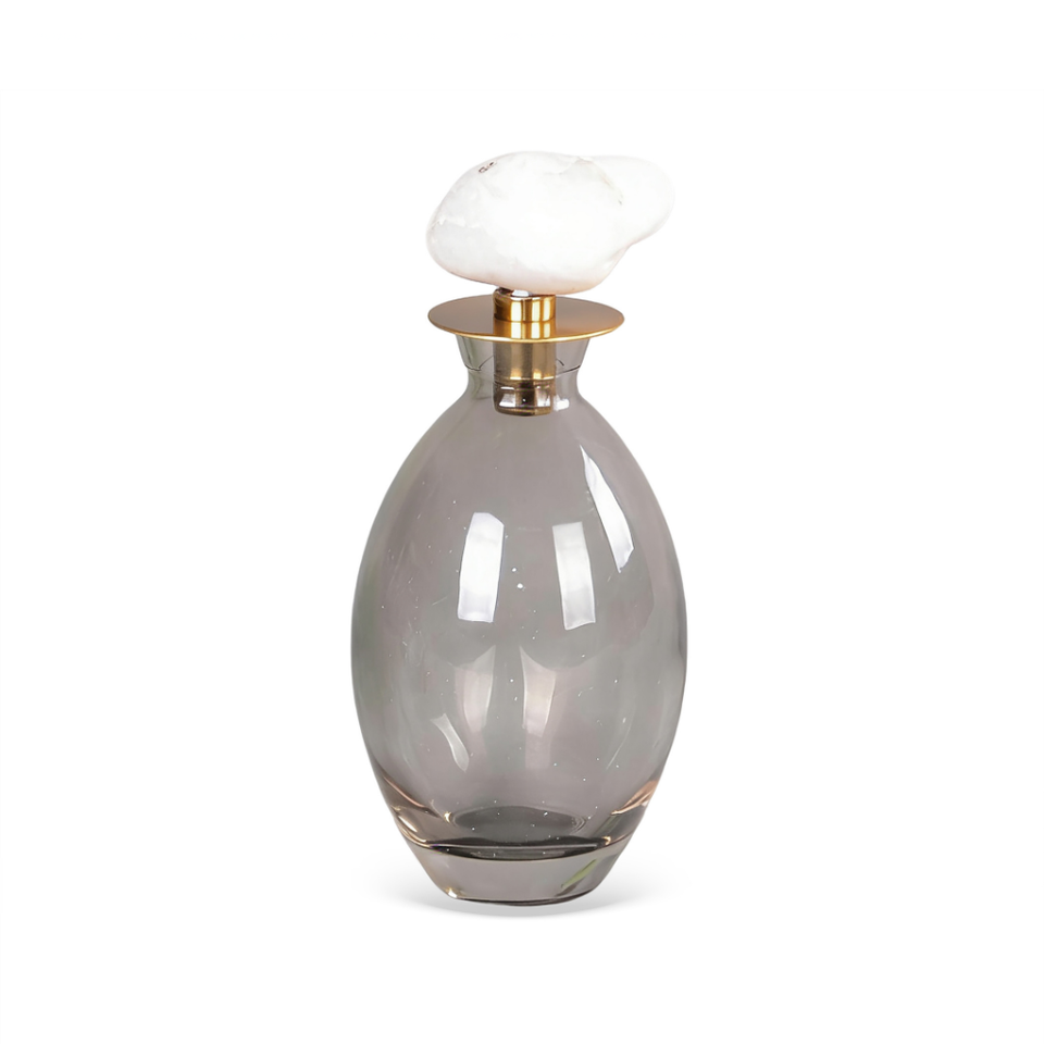 Garrafa Decorativa Vidro Fumê Tampa em Pedra Natural Branca Linha Bruma 15cm
