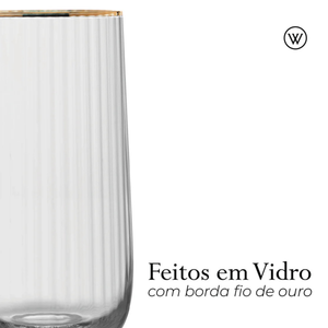 Jogo 2 Copos Altos Vidro Cristalino Borda Dourada Lines 450ml