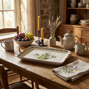 Travessa Moderna Retangular Cerâmica com Alça em Junco Flor de Alcachofra