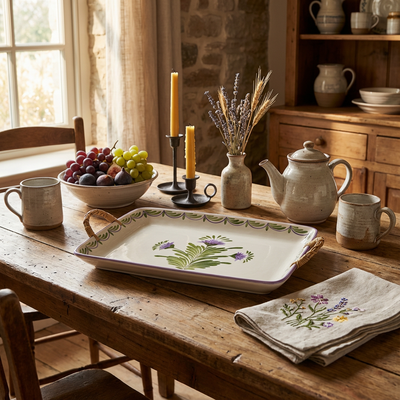 Travessa Moderna Retangular Cerâmica com Alça em Junco Flor de Alcachofra