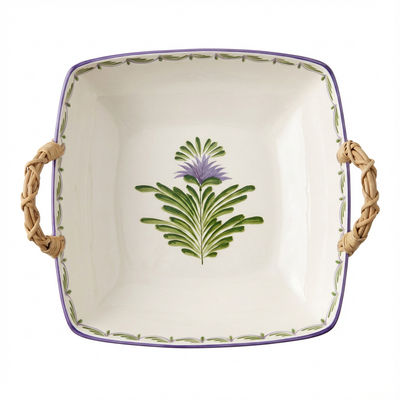 Travessa Moderna Quadrada Funda Cerâmica com Alça em Junco Flor de Alcachofra