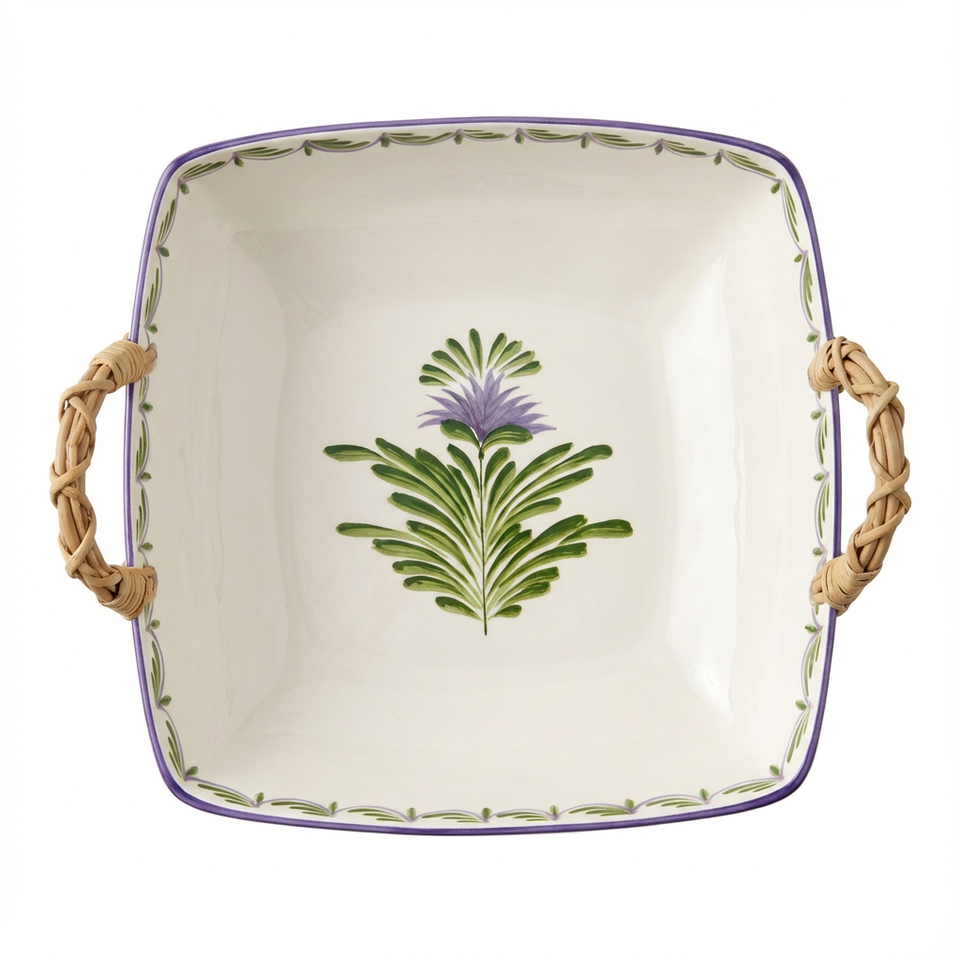 Travessa Moderna Quadrada Funda Cerâmica com Alça em Junco Flor de Alcachofra