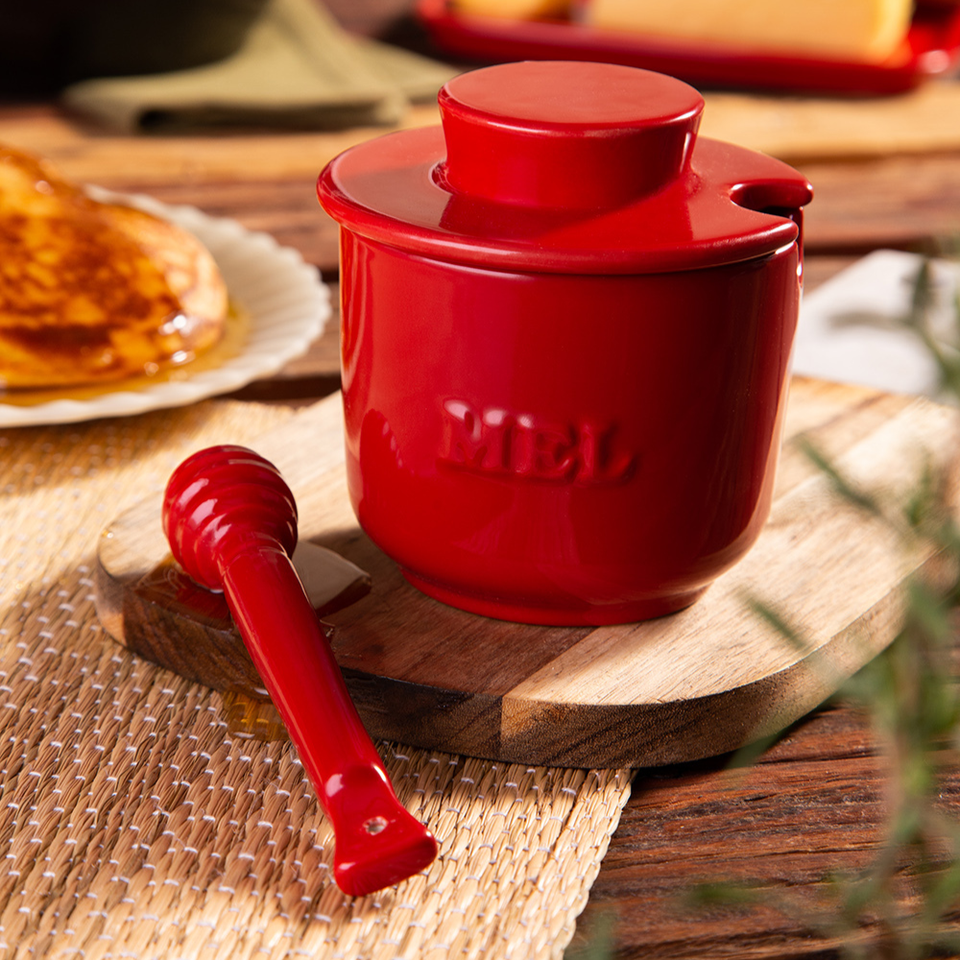 PRÉ-VENDA: Pote de Mel com Colher Vermelho 200ml