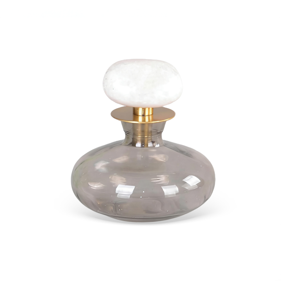 Garrafa Decorativa Vidro Fumê Tampa em Pedra Natural Branca Linha Bruma 9cm