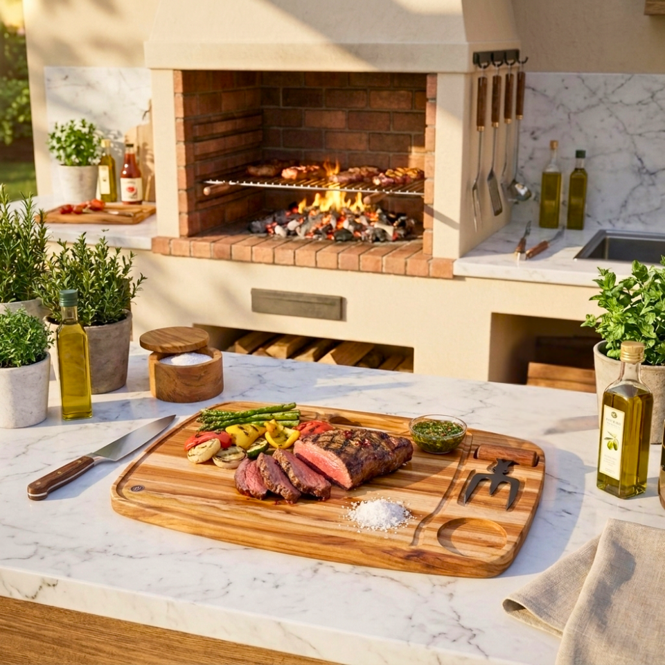 Kit Churrasco Tabua Garfo Trinchante Teca Artesanal Carve & Co