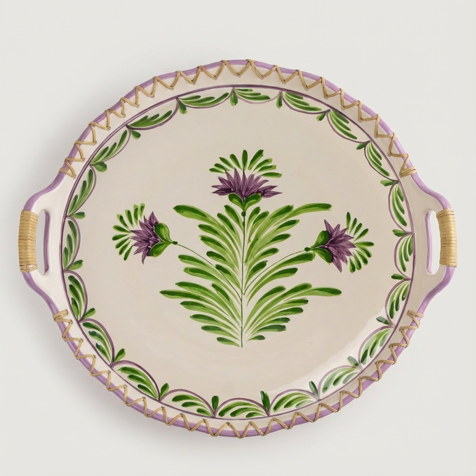 Travessa Redonda com Alça Cerâmica com Junco Flor de Alcachofra