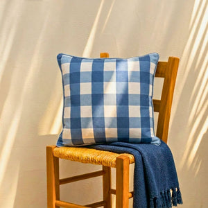 Almofada Linho 52X52 Estampa Xadrez Grande Azul Com Cordão