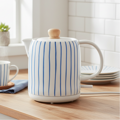 Chaleira Elétrica Porcelana Elegance Listrada Branca / Azul 1L 220V Tuut
