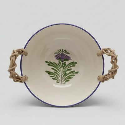 Bacia Americana Redonda Cerâmica com Alça de Junco Flor de Alcachofra
