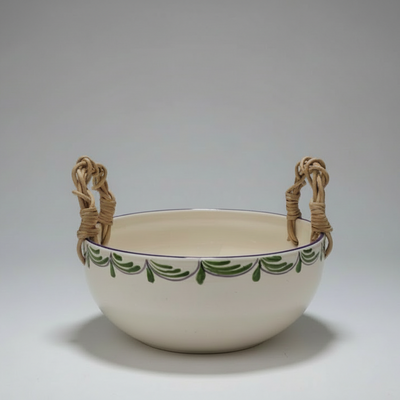 Bowl Redondo Fundo Cerâmica com Alça em Junco Flor de Alcachofra