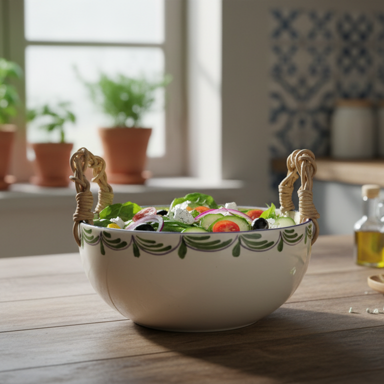 Bowl Redondo Fundo Cerâmica com Alça em Junco Flor de Alcachofra